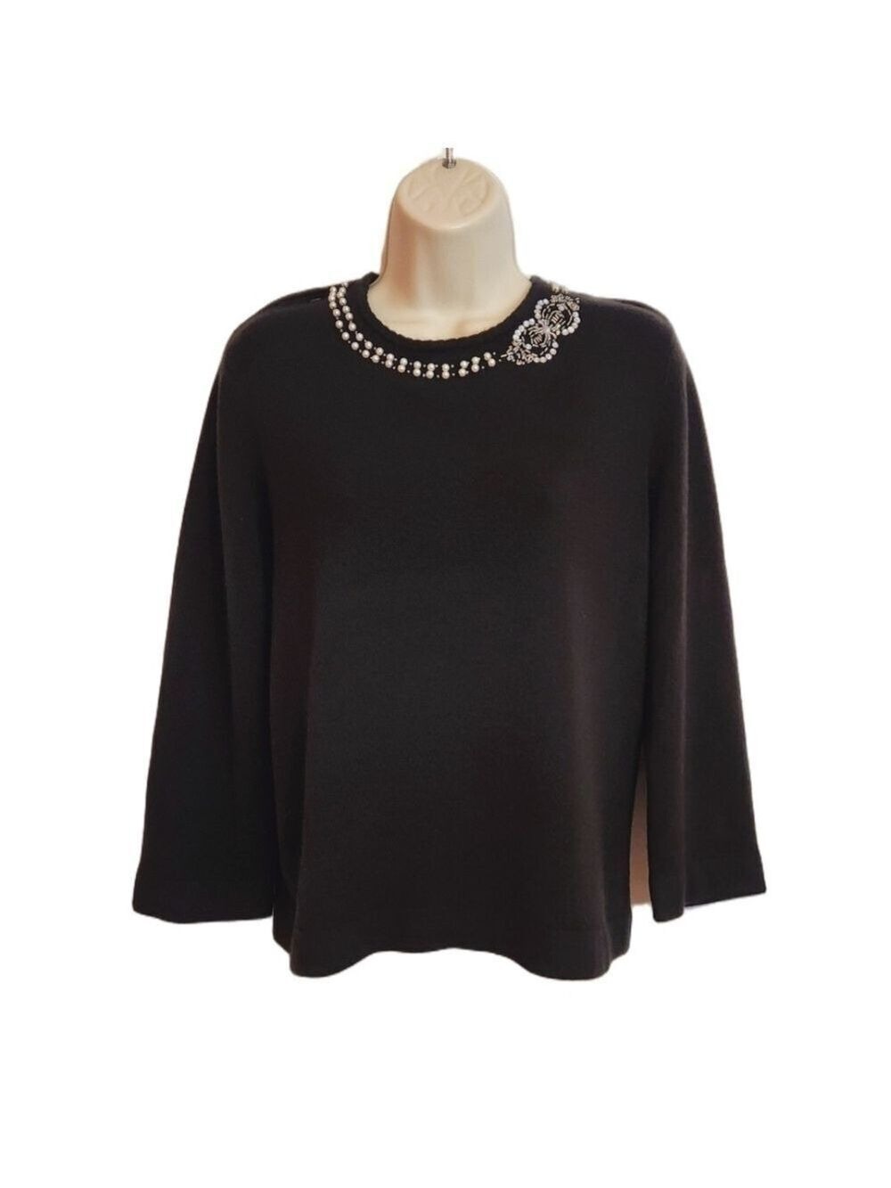 Koret Black Pearl Beaded Neckline Sweater Large
